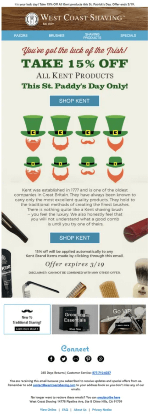 Image shows a St. Patrick’s Day marketing email from West Coast Shaving