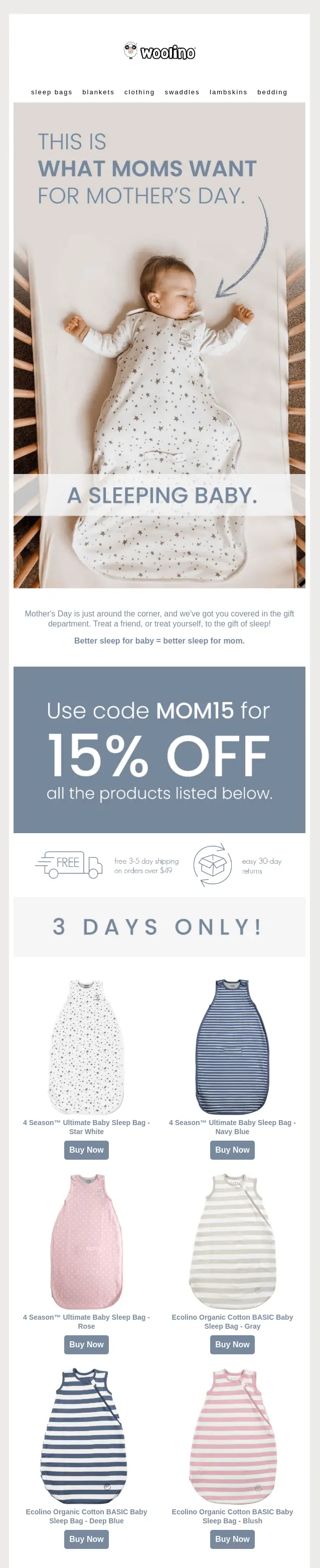 Image shows a mother’s day email campaign from Woolino