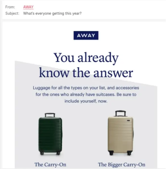 Image shows a marketing email from AWAY