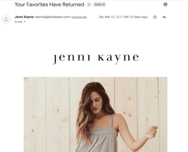 Image shows a marketing email with a personalized subject line

Image source: Jenni Kayne