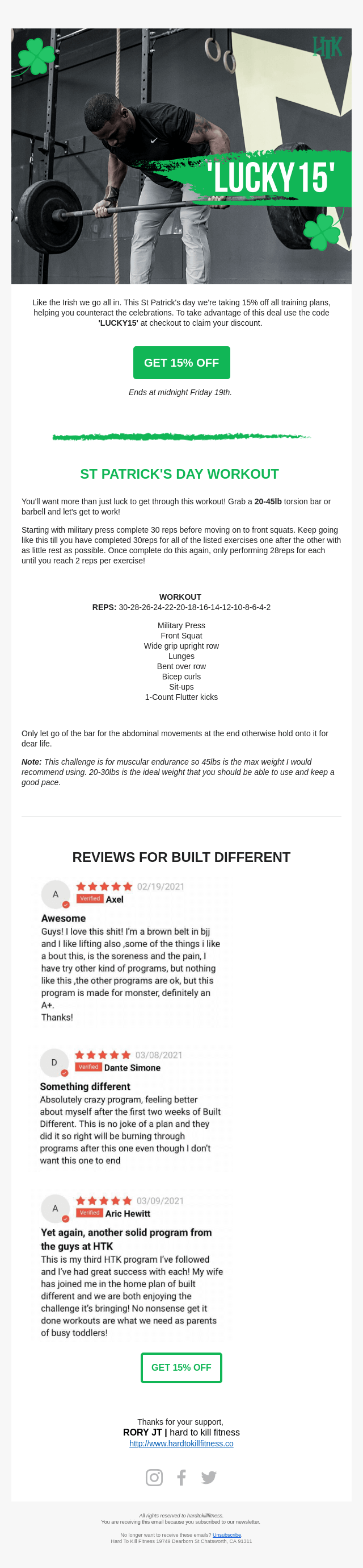 good-luck-Hard-to-Kill-Fitness Image shows a St. Patrick’s Day email campaign from Hard to Kill Fitness
