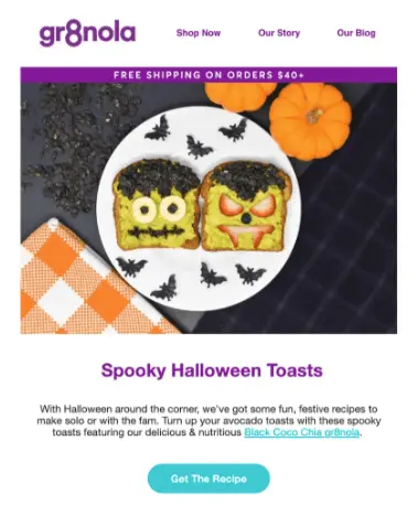 Image shows a Halloween marketing email from Gra8nola