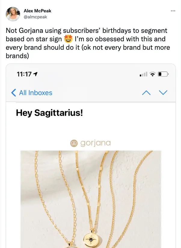 Image shows a tweet praising Gorjana’s marketing email
