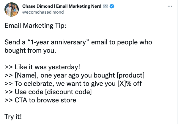 Image shows a tweet offering an email marketing tip about anniversary emails