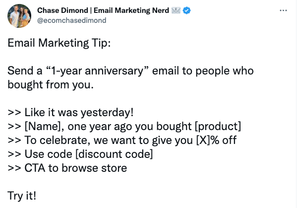 Chase-Dimond-Twitter Image shows a tweet offering an email marketing tip about anniversary emails