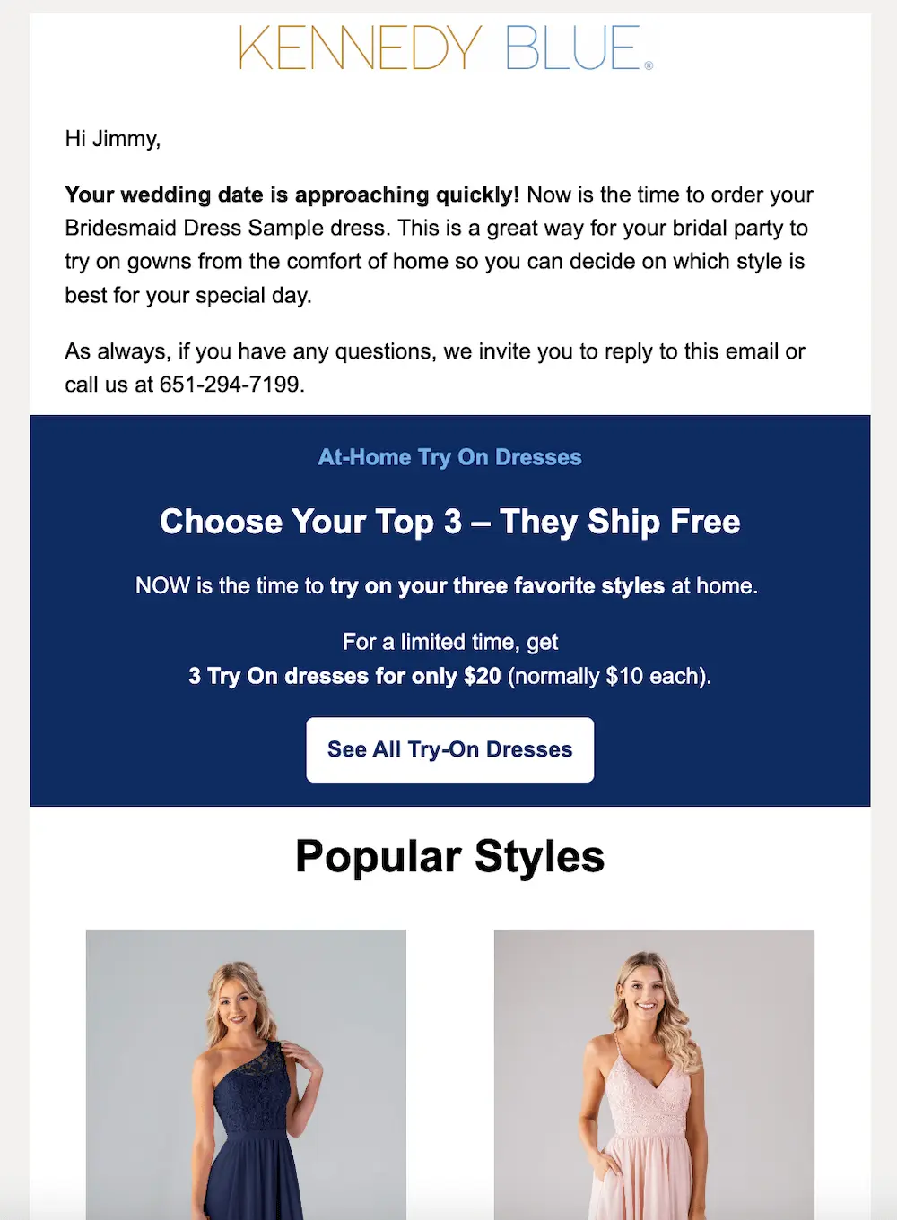 Image shows a marketing email from Kennedy Blue