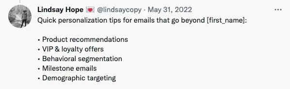 Image shows a tweet giving tips for personalizing emails. 