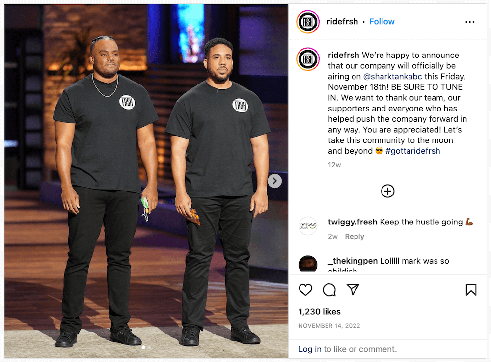 Photo on Ride FRSH's Instagram account of the two founders on Shark Tank.