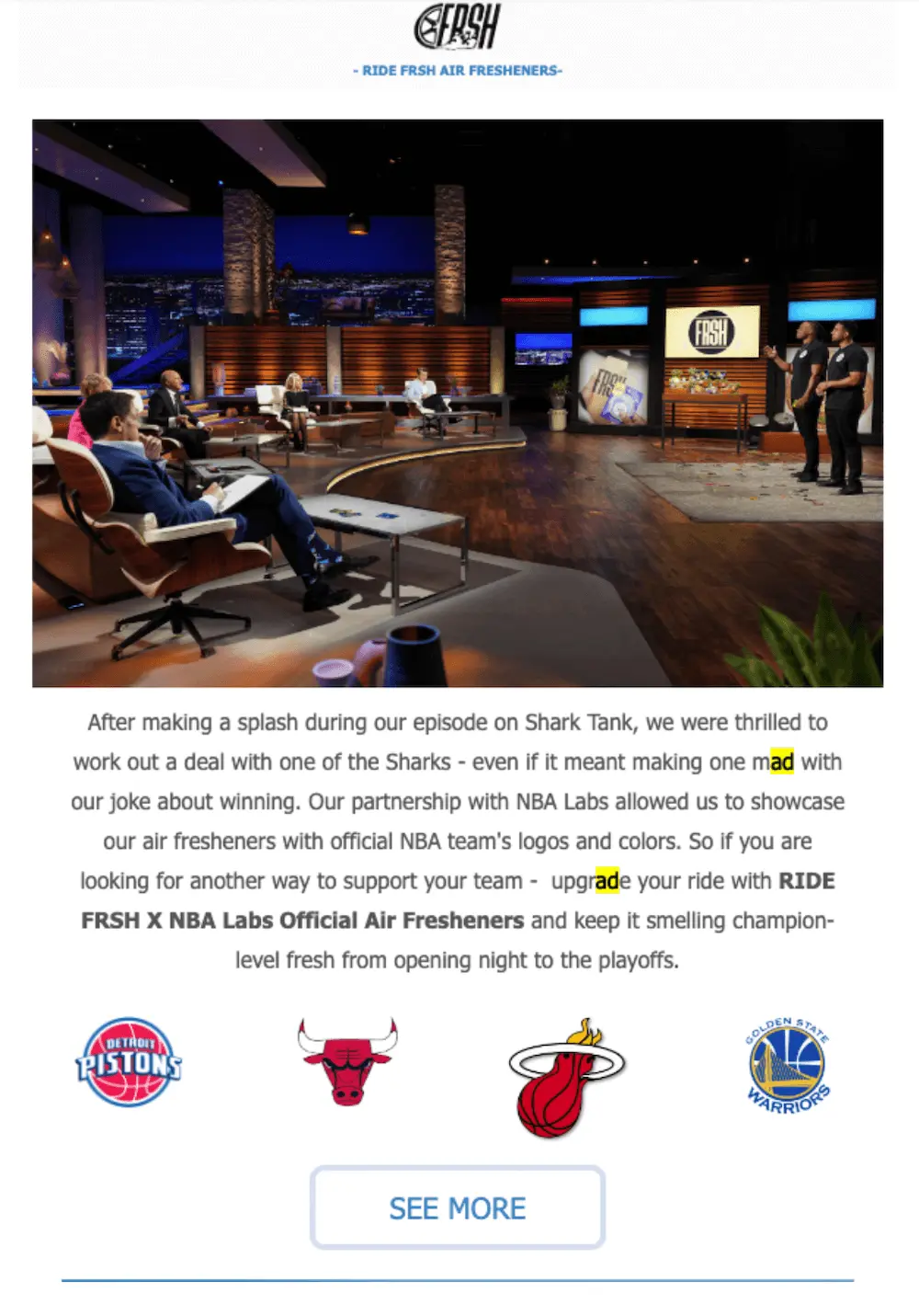 Image of an email from Ride FRSH showing how they use Shark Tank in their email marketing. 