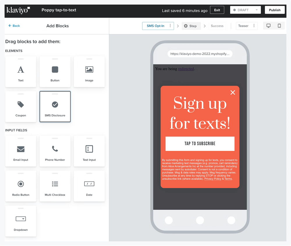 klaviyo's consent copy in the sms builder