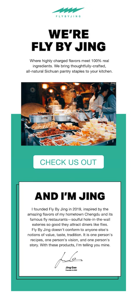 fly by jing welcome email notifications founder story