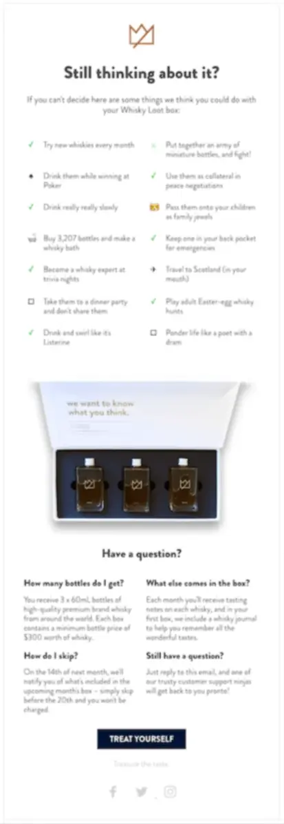 Image shows an abandoned cart email from Whiskey Loot