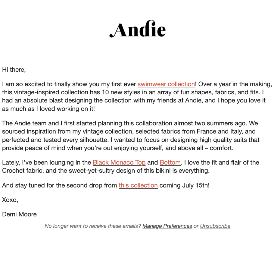 Image shows a marketing email from Andie Swim