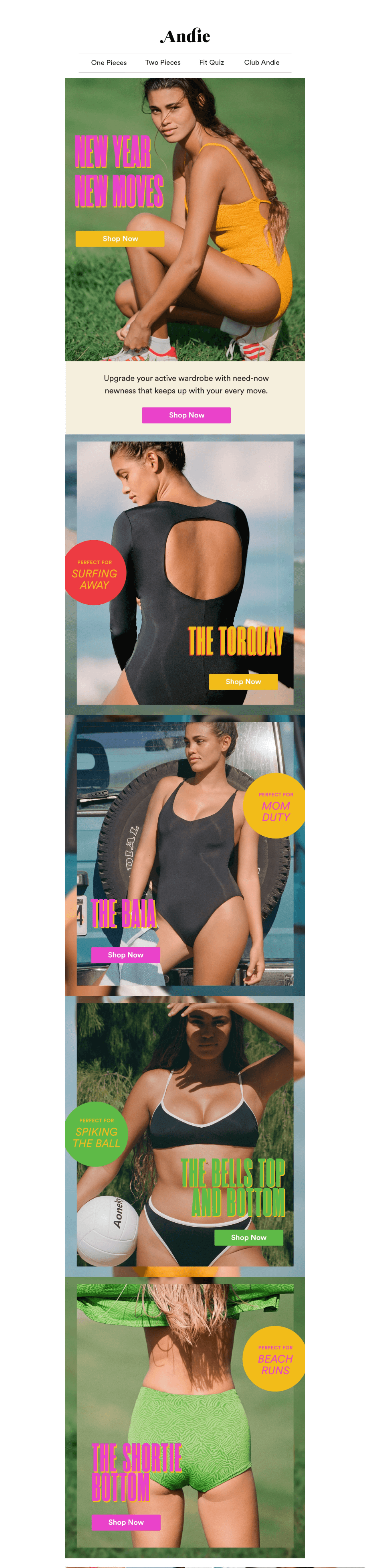 Andie-multiple-CTAs-new-subscribers image shows a marketing email from Andie Swim