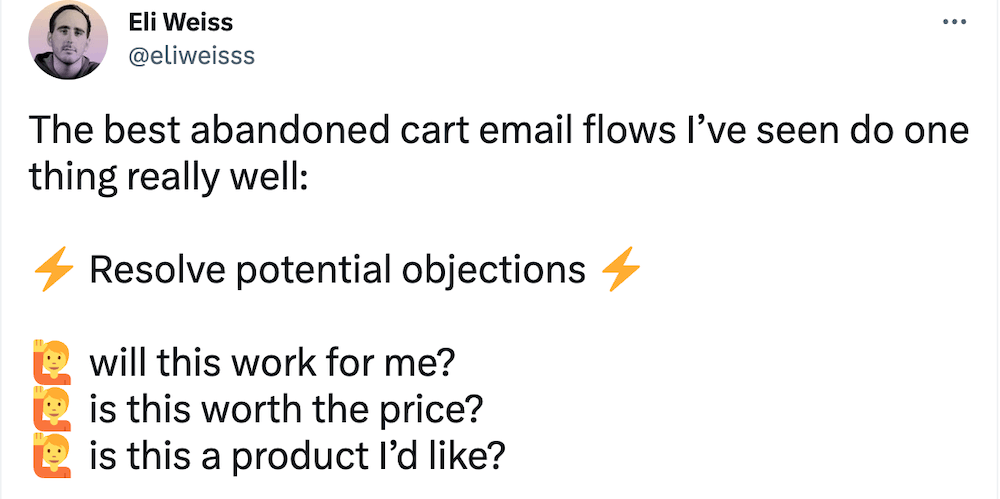 Image shows a tweet from Eli Weiss outlining what a good abandoned cart email does