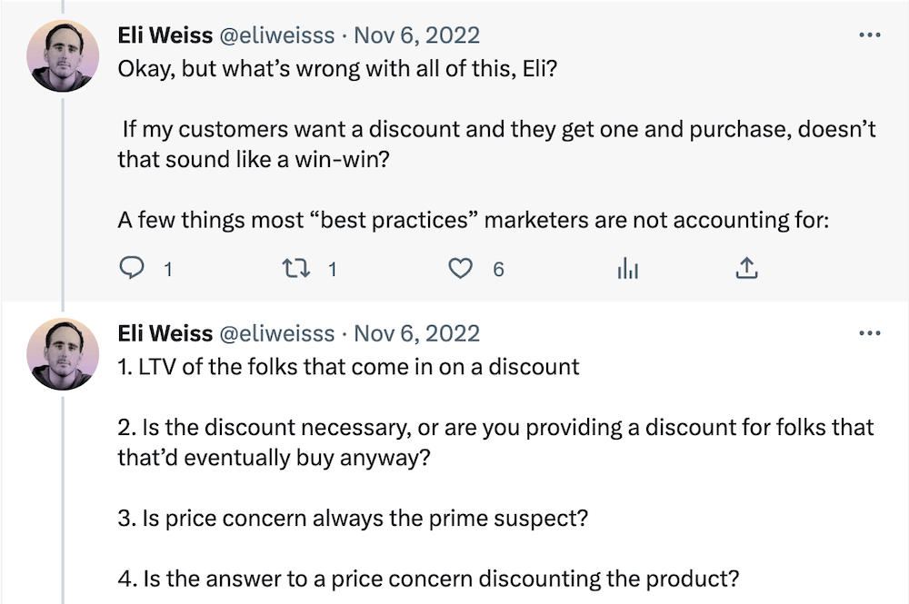 Eli-anti-discount Image shows tweets warning against discounts in abandoned cart emails