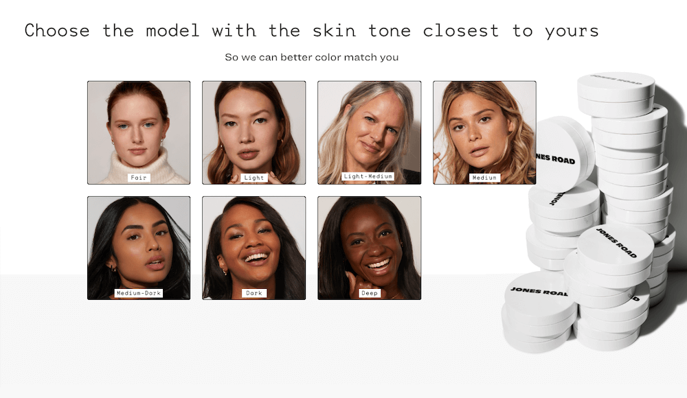 JRB-quiz-marketing-channel Image shows a quiz on Jones Road Beauty’s website