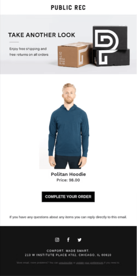 Public-Rec Image shows an abandoned cart email from Public Rec