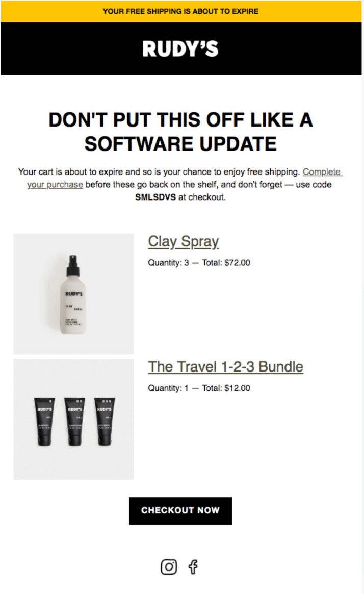 Rudy’s Image shows an abandoned cart email from Rudy’s