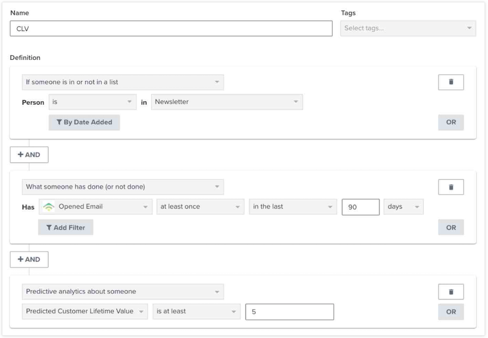 Criteria-for-segmenting-target-audience Image shows how to create a segment in Klaviyo, marketing platform