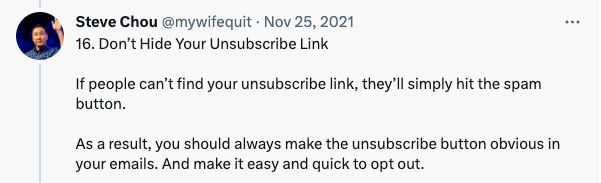 Easy-to-unsubscribe-tweet-good-email Image shows a tweet encouraging brands to make their unsubscribe buttons visible