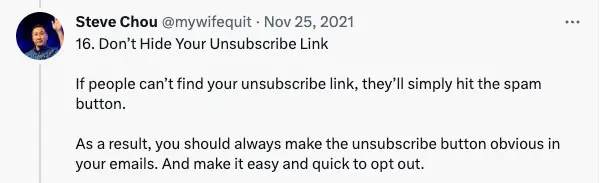 Image shows a tweet encouraging brands to make their unsubscribe buttons visible