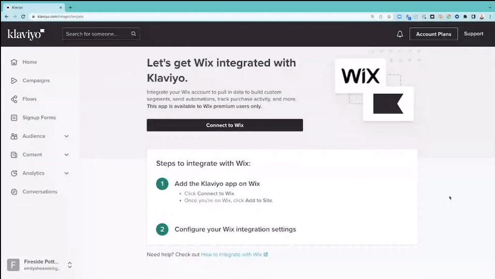 Image shows the Klaviyo and Wix integration if you already have a Wix website.