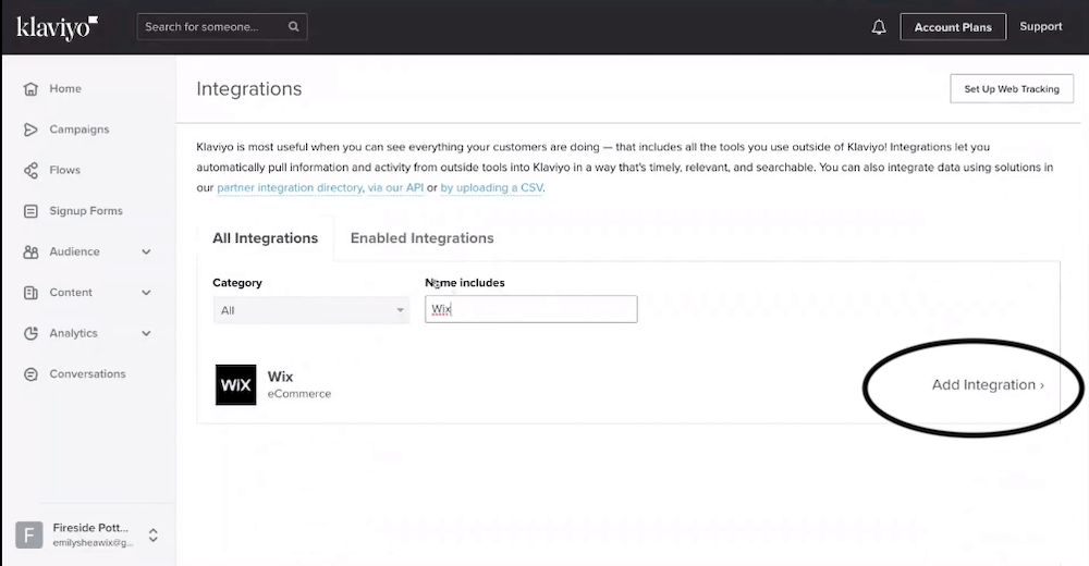 Ecommerce-website-functionality Image shows the Integrations page of a Klaviyo dashboard, for your ecommerce store.