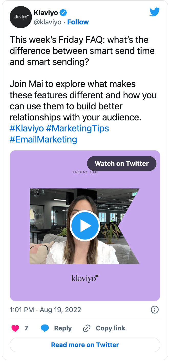tweet about friday FAQs for email tools like smart sending and smart send time