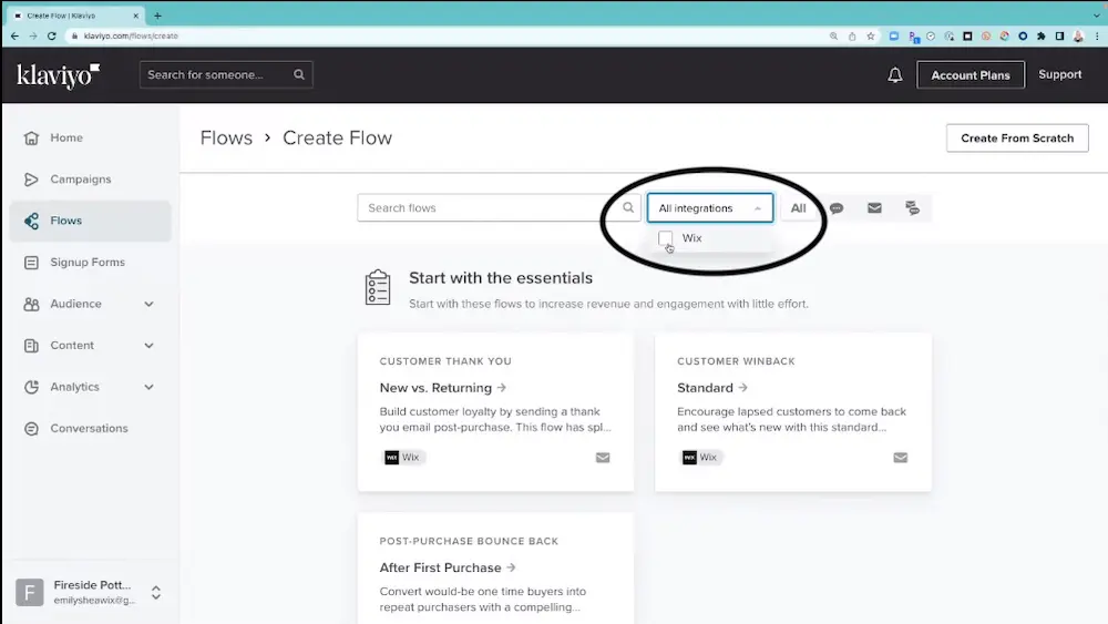 Image shows a Klaviyo dashboard that indicates how to create a flow