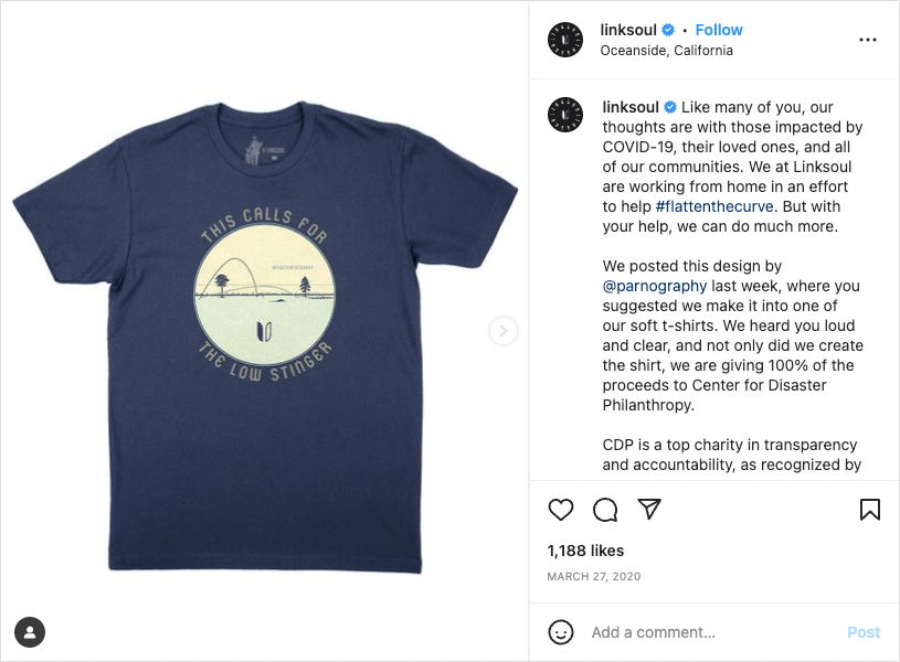 Linksoul's COVID fundraising t-shirt, featuring the slogan "This calls for the low stinger" — a golfer's version of "Flatten the curve."