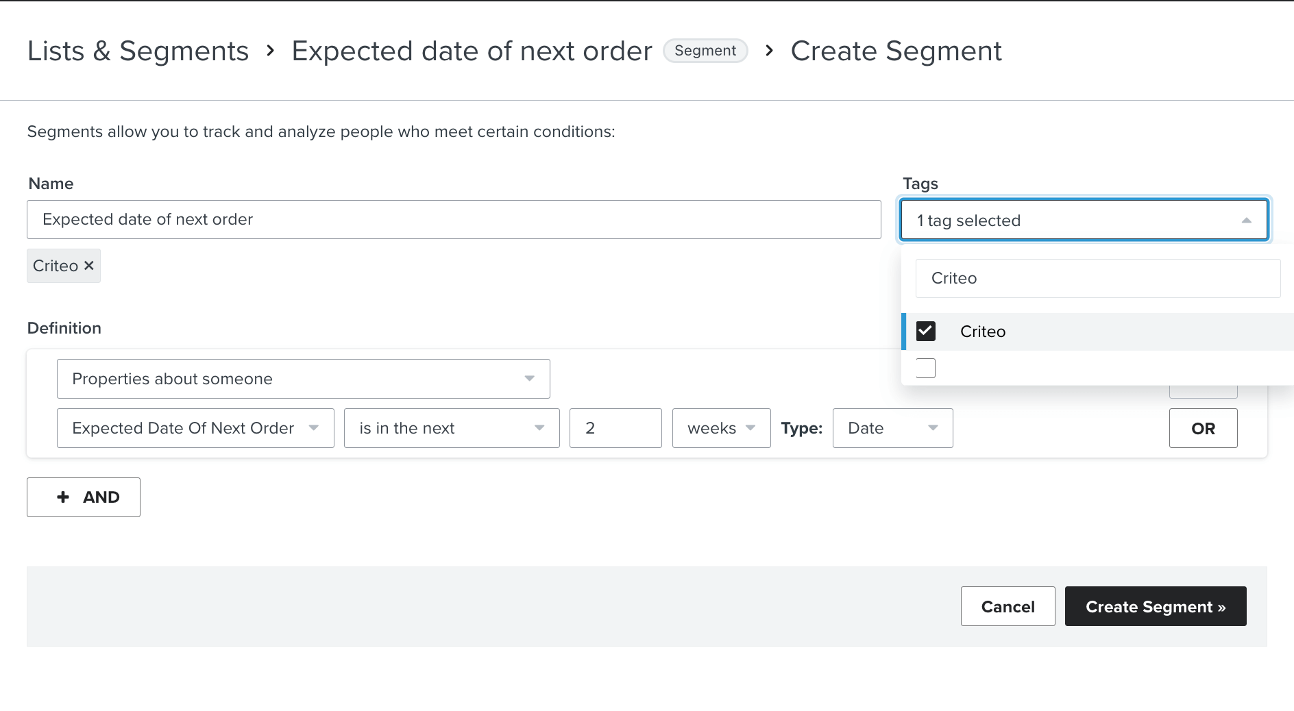 Klaviyo segment builder with a Criteo tag selected