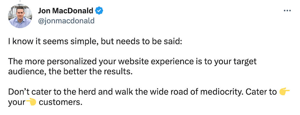 Jon-MacDonald Image shows a Tweet advocating for personalization.