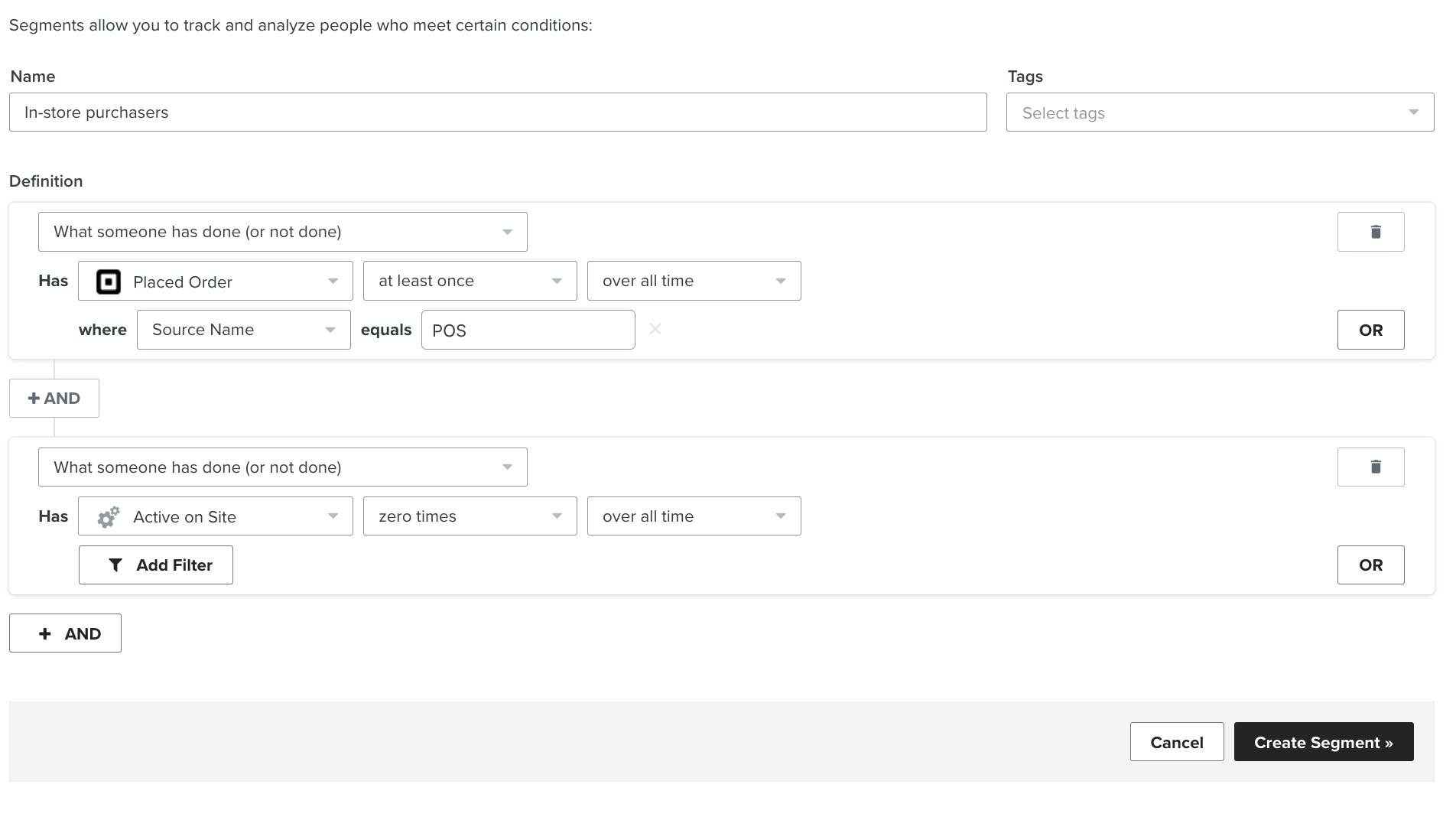 Klaviyo segment builder showing a segment of offline shoppers who have not visited the website