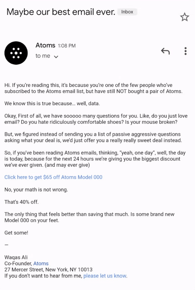 plain text email from atoms