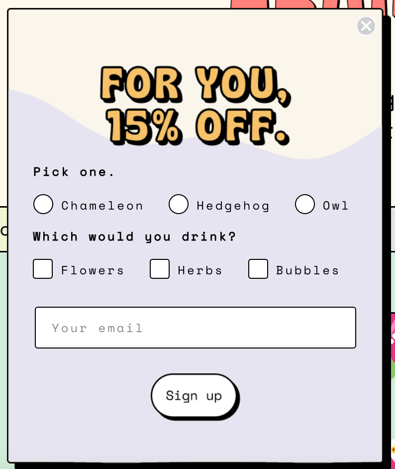 Image shows a sign-up form from Aura Bora that has thoughtful, funny copy, including asking the user to choose between a chameleon, hedgehog, and an owl.