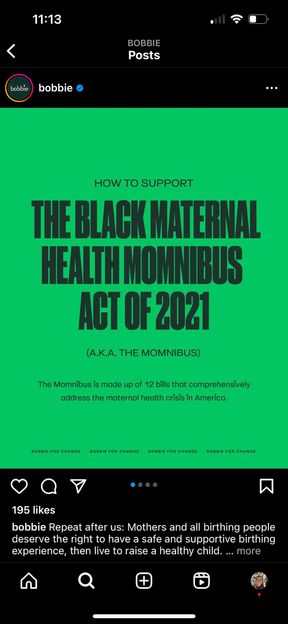 Image shows an Instagram post by Bobbie indicating how to support black maternal health bills