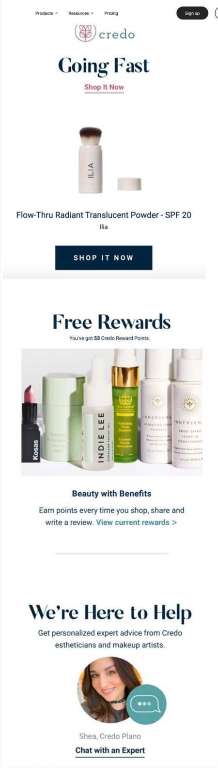 Email features viewed item and highlights the brand's and rewards program.