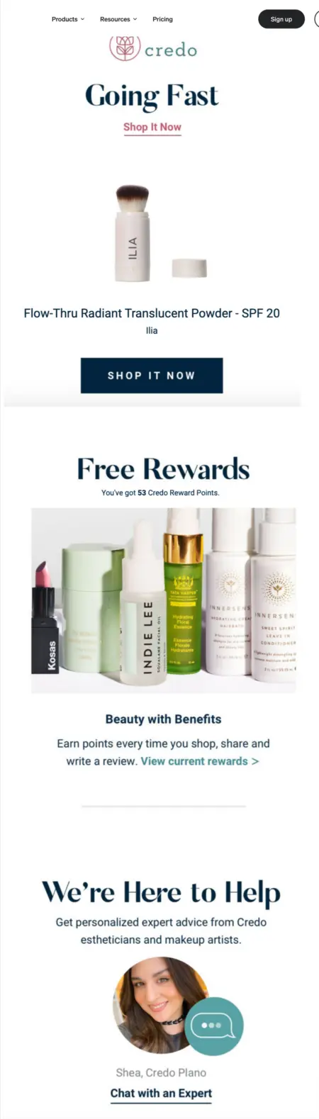 Email features viewed item and highlights the brand's and rewards program.