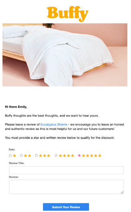 Buffy-email-series Image shows an email from Buffy requesting a review of a product that was bought.