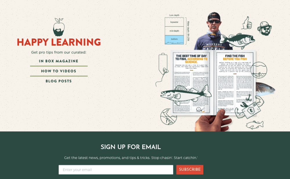 Image shows a sign-up form on Mystery Tackle Box’s site, using fun illustrations of fish and fishermen, and a sample image of their inbox magazine. The text reads “HAPPY LEARNING” in all caps.