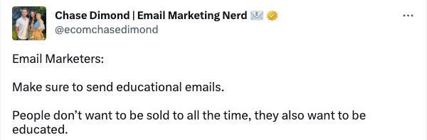 Chase-Dimond-onboarding-emails-potential-customers Image shows a Tweet encouraging educational emails