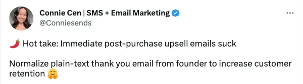 Image shows a Tweet saying that plain-text thank you emails from founders can increase customer retention.