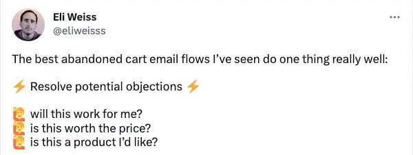 Eli-automation-tools Image shows a Tweet saying “The best abandoned cart email flows resolve potential objections”