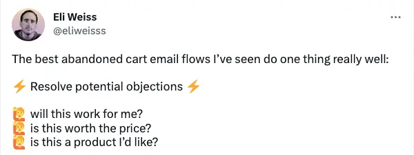 Image shows a Tweet saying “The best abandoned cart email flows resolve potential objections”