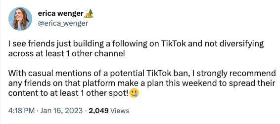 Erica-Wenger-Twitter Image shows a tweet by Erica Wenger encouraging brands to spread their content to channels other than TikTok.