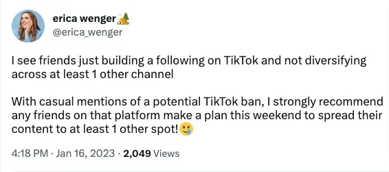 Image shows a tweet by Erica Wenger encouraging brands to spread their content to channels other than TikTok.