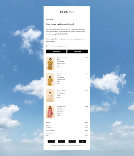 FARM-Rio-product-recommendations Image shows an email from Farm Rio confirming delivery