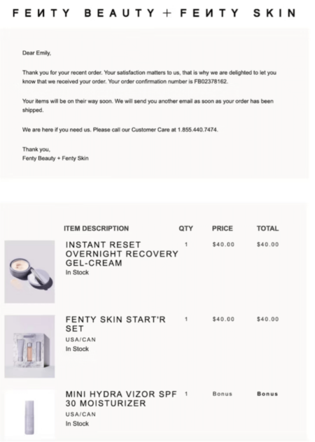 Fenty Image shows a post-purchase email from Fenty Skin