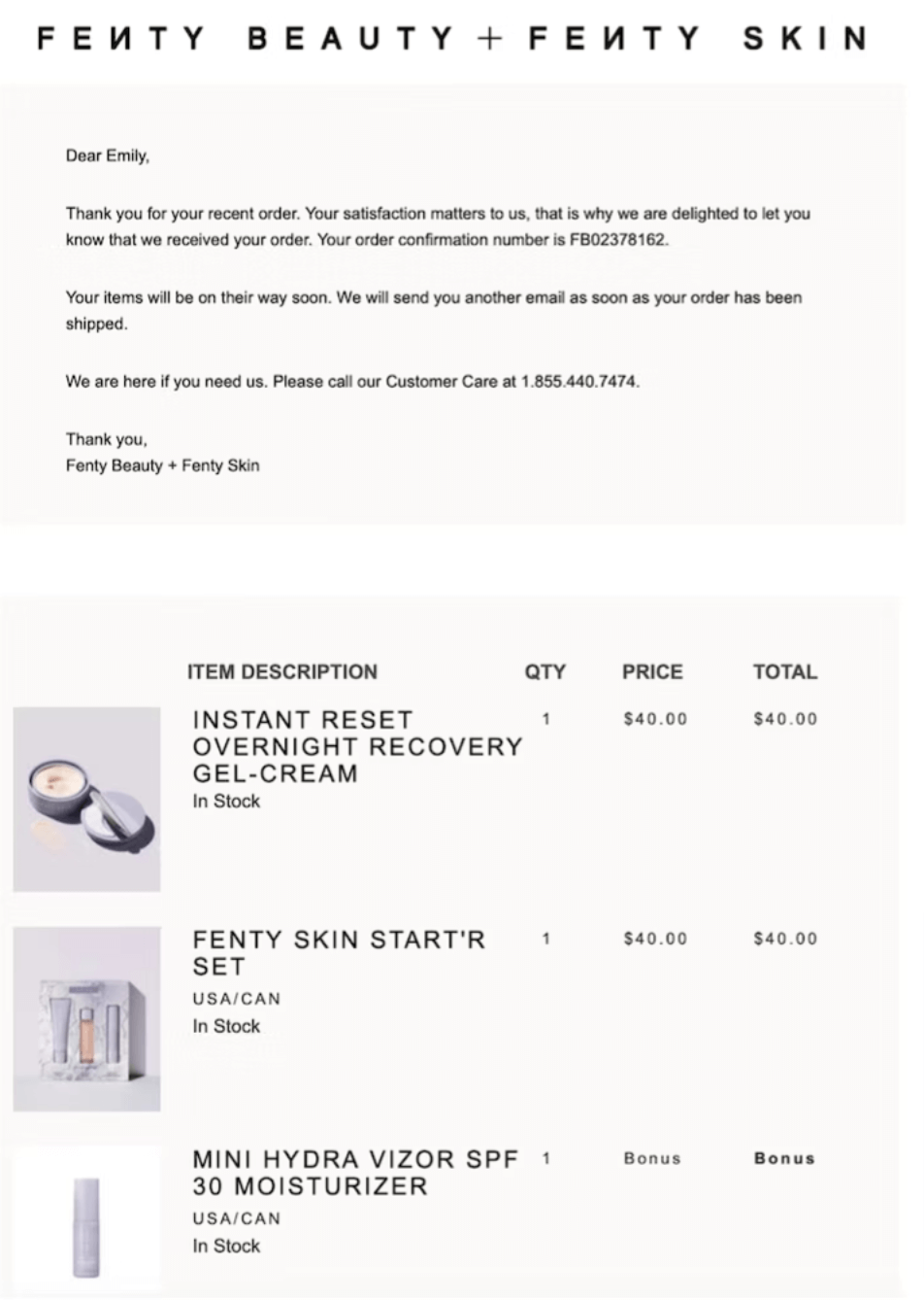 Image shows a post-purchase email from Fenty Skin